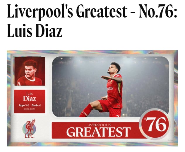 Luis Díaz, elegido como el jugador número 76 en la historia del Liverpool