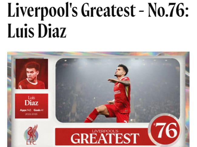 Luis Díaz, elegido como el jugador número 76 en la historia del Liverpool