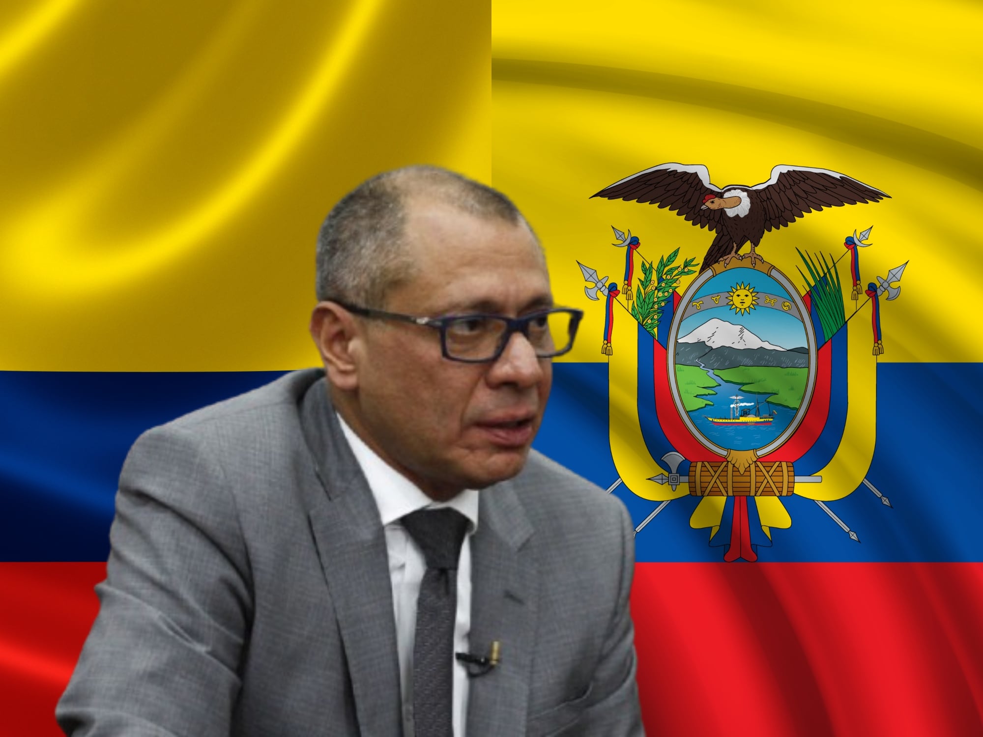 Jorge Glas y banderas de Colombia y Ecuador. Fotos: (Photo by Daniel Tapia/picture alliance via Getty Images) / Getty images