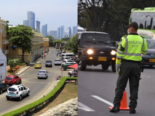 Vista de una calle de Cartagena y al lado un puesto de control de la policía de Tránsito (Fotos vía Getty Images y COLPRENSA)