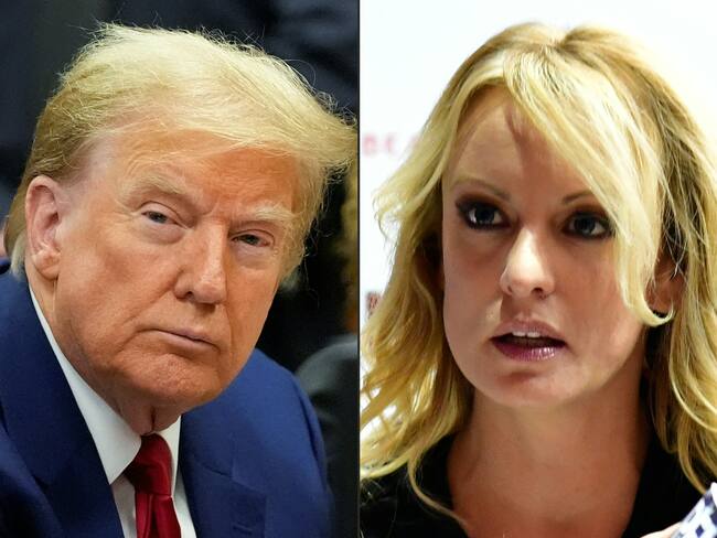 Donald Trump in New York City on March 25, 2024 and adult film actress Stormy Daniels on October 12, 2018 in Berlin.