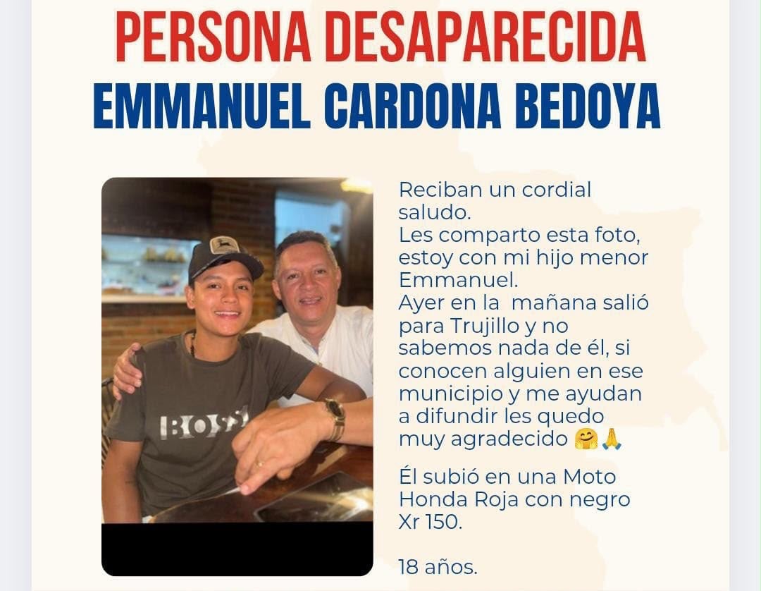 Emmanuel salió en moto hacia Trujillo, Valle, y fue encontrado muerto cuatro días después