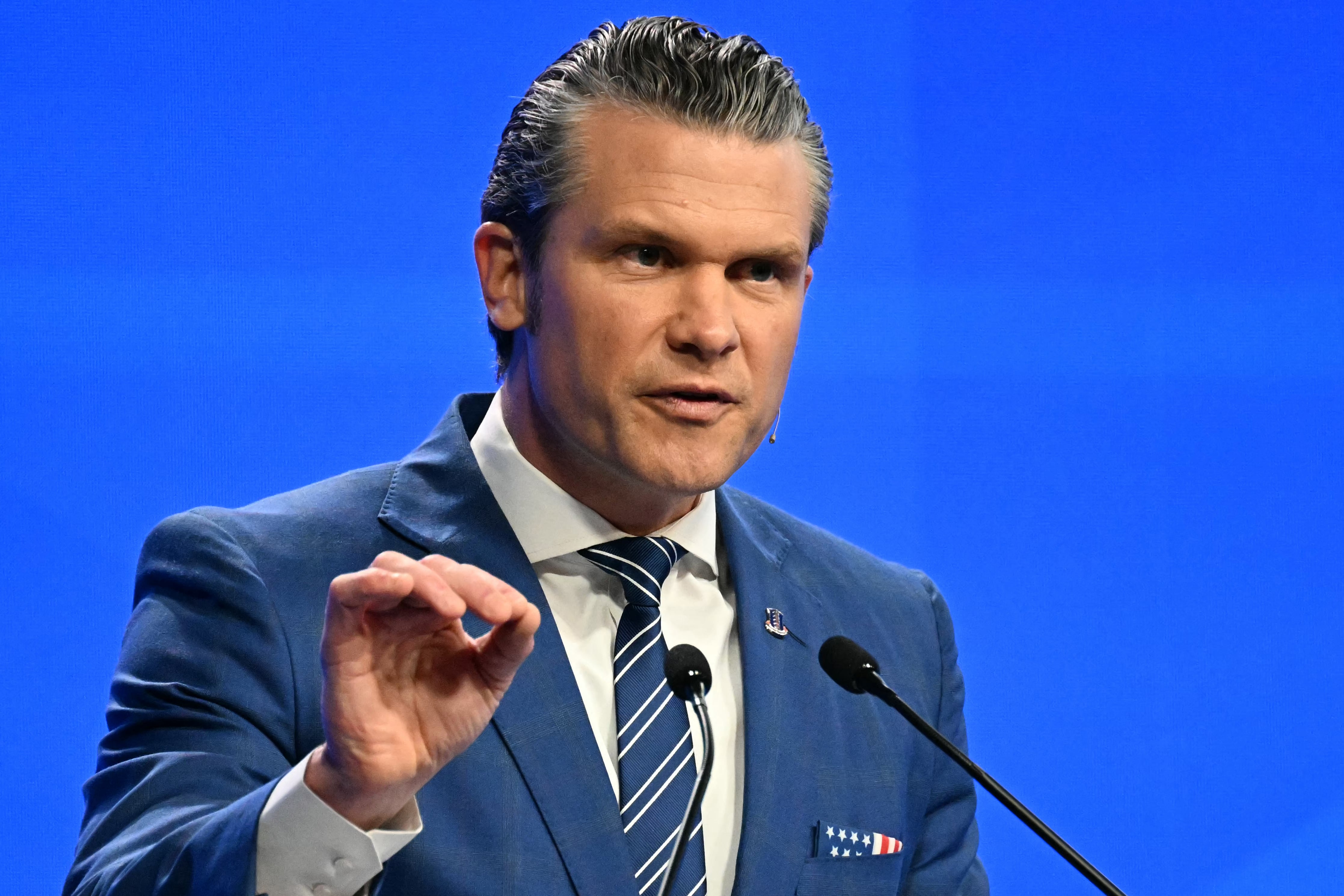 US Secretary of Defense Pete Hegseth delivers an address at the Shangri-La Dialogue Summit in Singapore on May 31, 2025. (Photo by MOHD RASFAN / AFP) (Photo by MOHD RASFAN/AFP via Getty Images)          