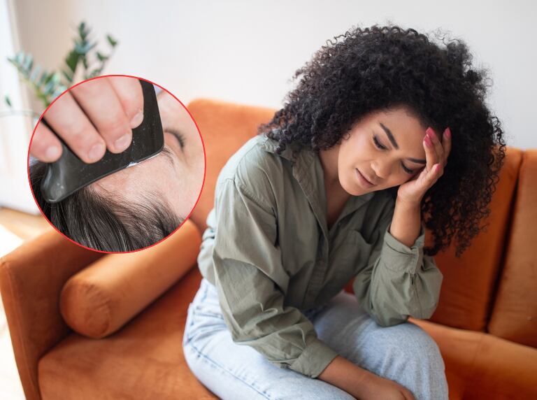 Mujer teniendo dolores de cabeza / Persona haciéndose el Gua Sha (Getty images)