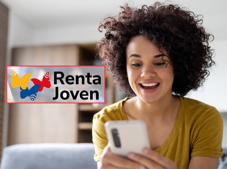 Mujer joven revisando su celular (Getty Images) / Logo de Renta Joven