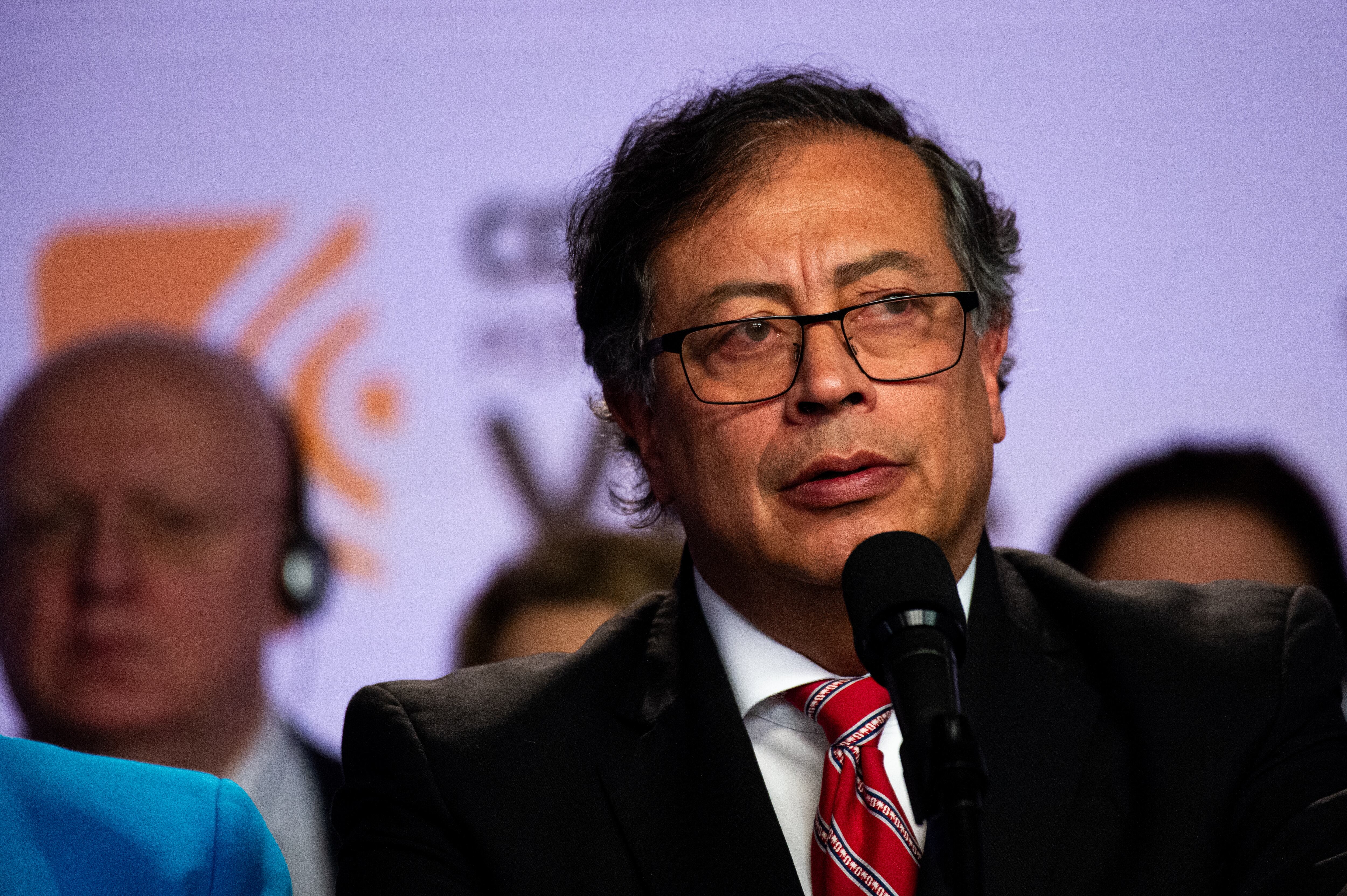 Colombian President Gustavo Petro is speaking during a press conference in Bogota, Colombia, on February 8, 2024, after a meeting with the United Nations Security Council regarding the advancements made on Colombia's 2016 peace process and the new ongoing process. (Photo by Sebastian Barros/NurPhoto via Getty Images)