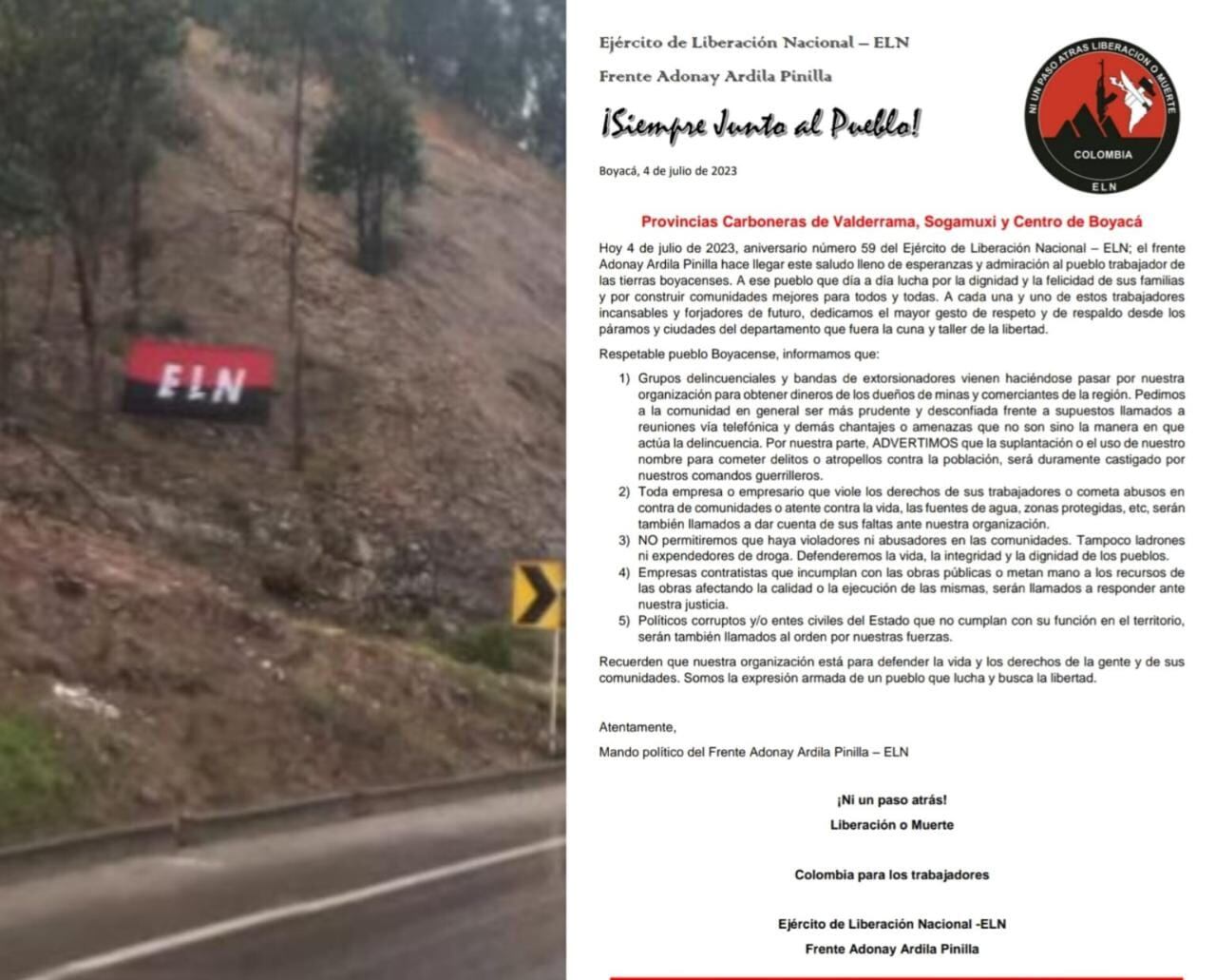 Autoridades verifican autenticidad de mensaje presuntamente del ELN en Boyacá