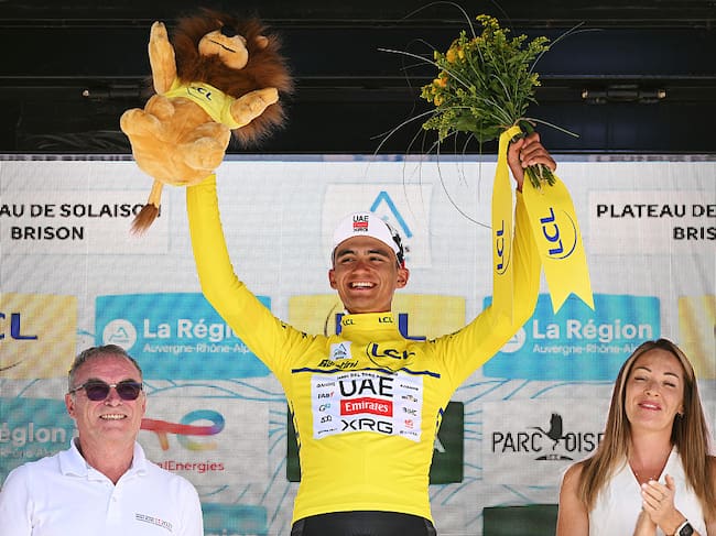 BRISON, FRANCE - JUNE 14: Isaac Del Toro of Mexico and UAE Team Emirates - XRG celebrates at podium as Yellow Leader Jersey winner with the presence of the five times Tour de France winner, Bernard Hinault of France (L) during the 78th Tour Auvergne-Rhone-Alpes 2026, Stage 8 a 120.1km stage from Beaufort to Plateau de Solaison - Brison 1497m / #UCIWT / on June 14, 2026 in Brison, France. (Photo by Dario Belingheri/Getty Images)