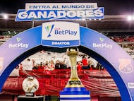 The league throphy and offical ball are seen prior to the first leg of the BetPlay Dimayor League final between Independiente Santa Fe and Deportivo Independiente Medellin in Bogota, Colombia's El Campin stadium, june 24, 2025. (Photo by: Jorge Londono/Long Visual Press/Universal Images Group via Getty Images)