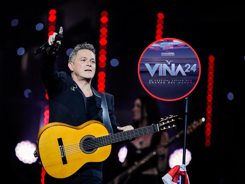 Alejandro Sanz durante su show en el festival Viña del Mar 2024 (Fotos vía Getty Images y logo oficial del evento)