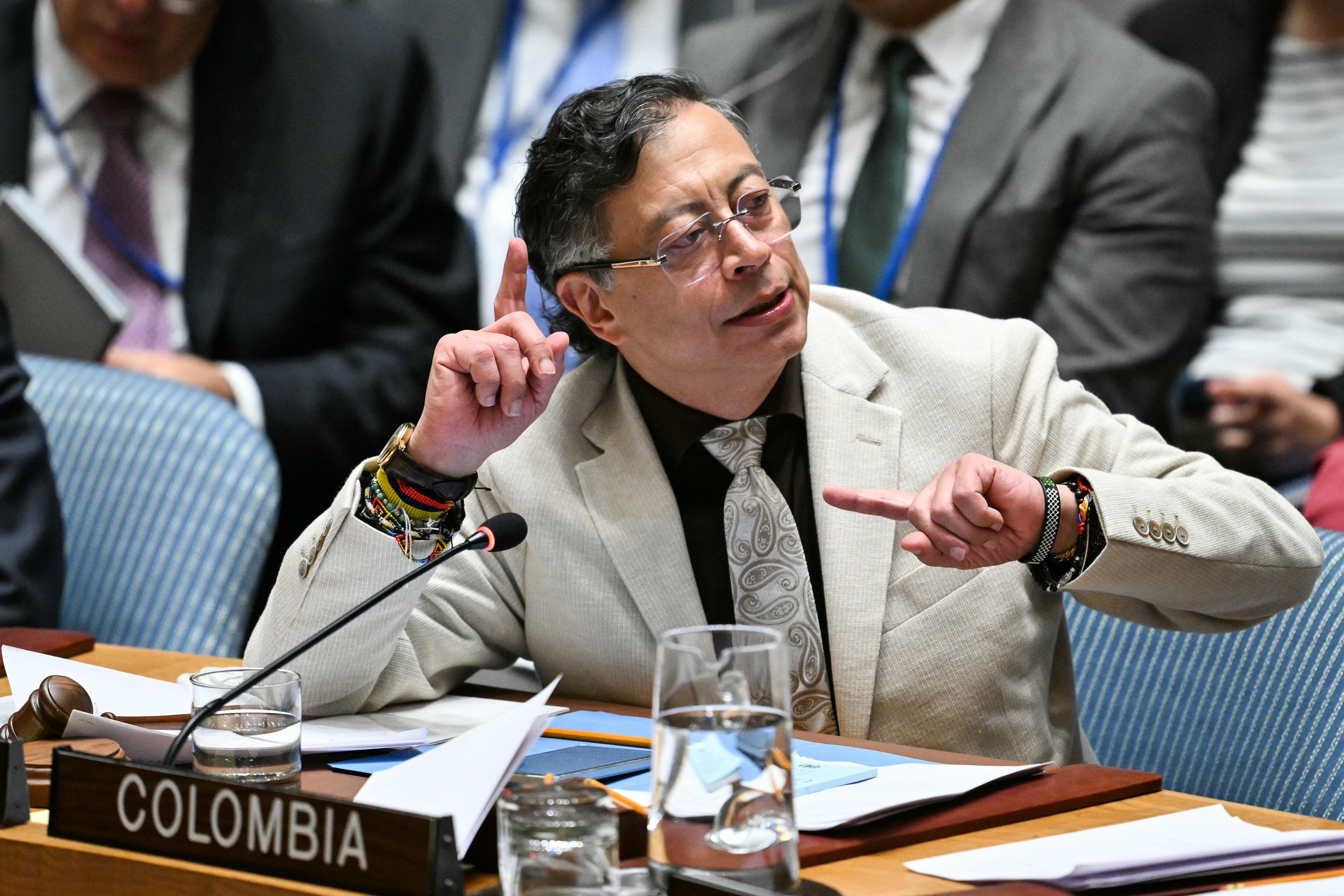 President of Colombia Gustavo Petro speaks during a United Nations Security Council meeting on the Middle East, at UN Headquarters in New York, on June 10, 2026. Colombian President Gustavo Petro is in New York to chair the UN open debate on the Middle East. (Photo by ANGELA WEISS / AFP)