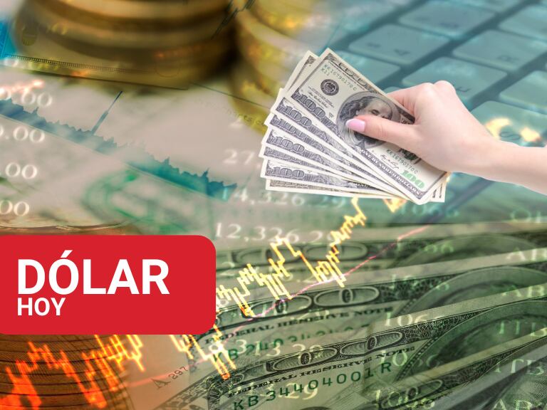 Persona con dólares estadounidenses en la mano, una gráfica con valores y tendencia al alza y monedas (Fotos vía Getty Images)