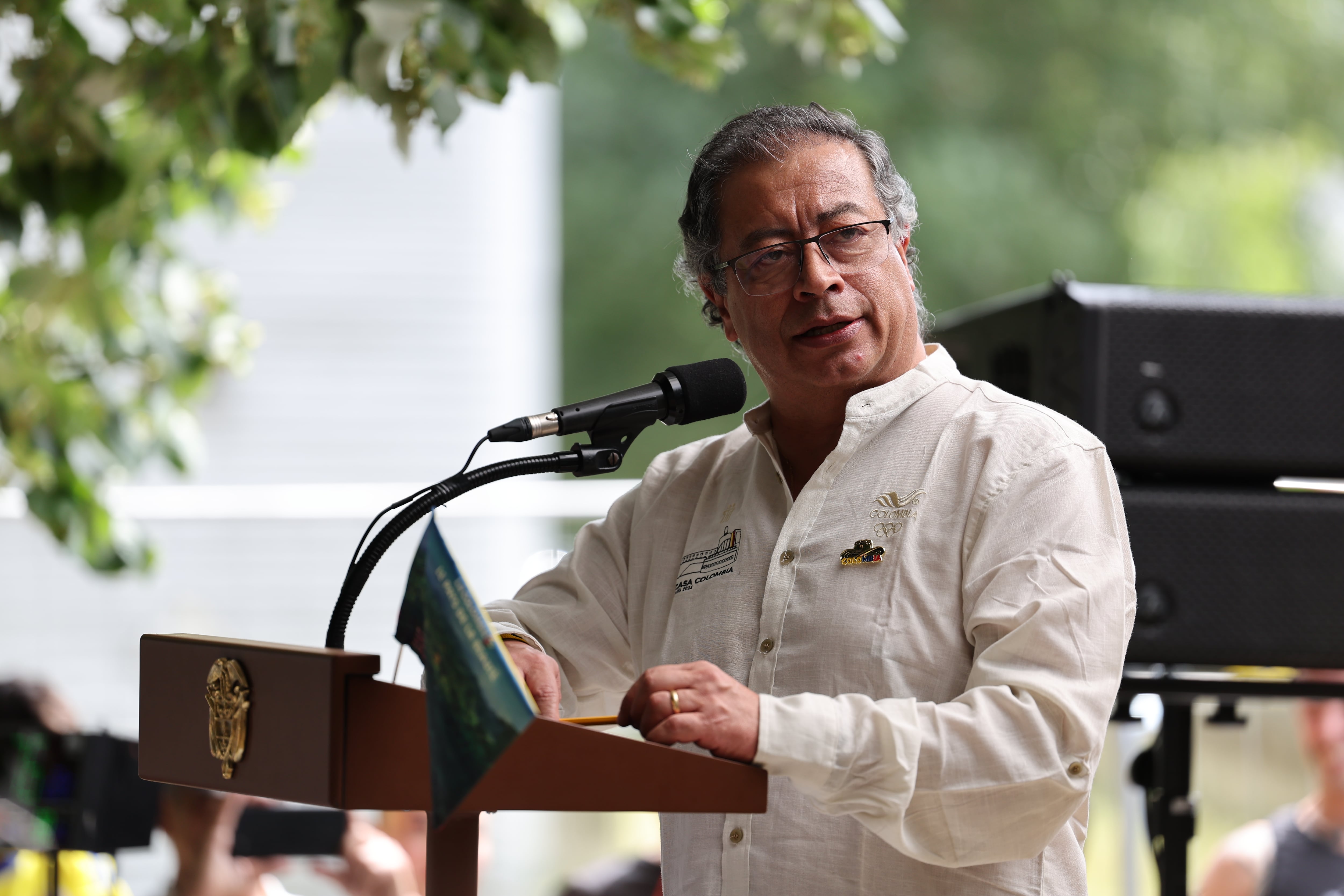PARÍS, 25/07/2024.- El presidente colombiano, Gustavo Petro, durante la inauguración de la Casa Colombia, ubicada en el Parc de la Villette de la capital francesa, este jueves. EFE/ Miguel Gutiérrez