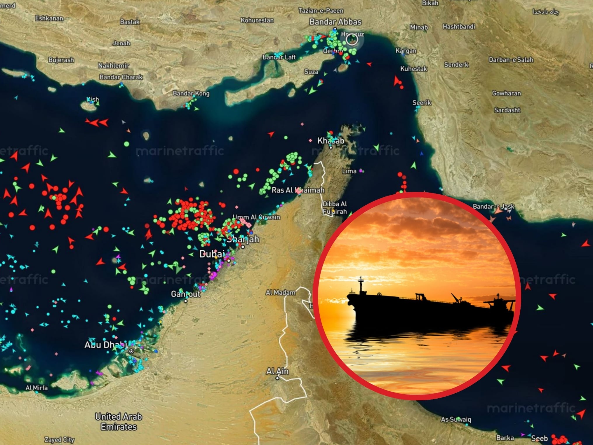 Captura de la web MarineTraffic que muestra el tráfico de embarcaciones en el estrecho de Ormuz este miércoles. Irán advirtió hoy que no permitirá ningún tipo de exportación ni importación en el golfo Pérsico, el mar de Omán y el mar Rojo si Estados Unidos continúa con su “acción ilegal” de bloqueo naval a los buques comerciales y petroleros iraníes en el estrecho de Ormuz. (Crédito: EFE/ Marinetraffic) / A la derecha: Imagen ilustrativa de un buque (Crédito: Getty Images)