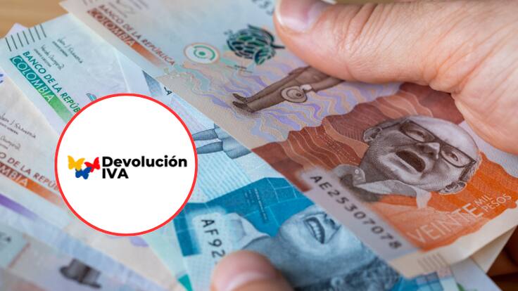 Persona con billetes colombianos y de fondo el logo del programa del DPS &#039;Devolución del IVA&#039; (Fotos vía Getty Images y sitio web oficial del DPS)