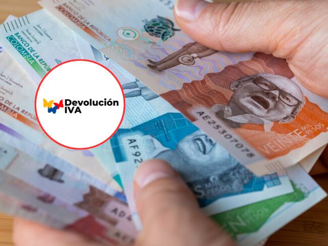 Persona con billetes colombianos y de fondo el logo del programa del DPS &#039;Devolución del IVA&#039; (Fotos vía Getty Images y sitio web oficial del DPS)