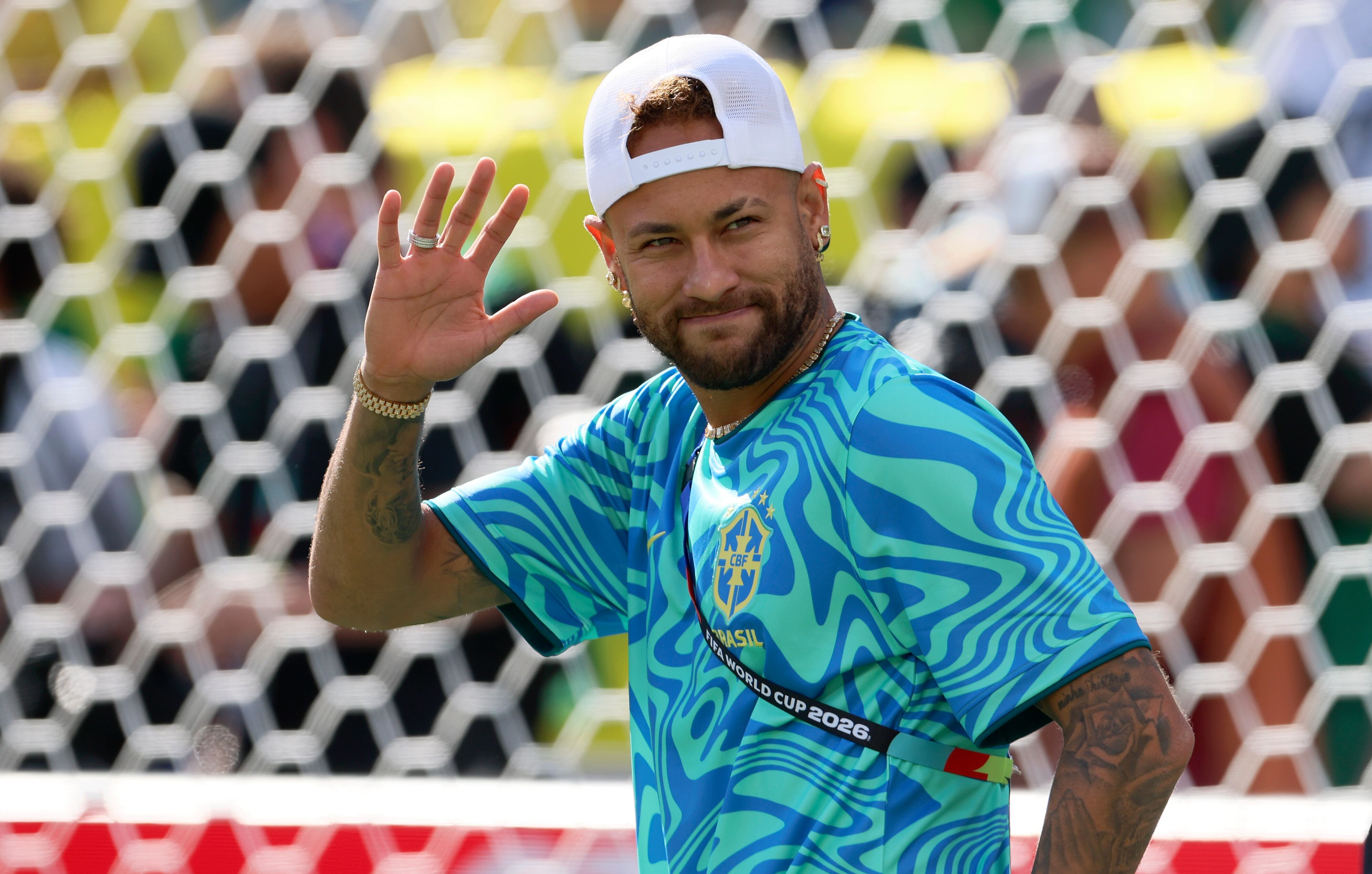 EAST RUTHERFORD, NEW JERSEY - JUNE 13: Neymar of Brazil waves at fans before the FIFA World Cup 2026 Group C match between Brazil and Morocco at New York New Jersey Stadium on June 13, 2026 in East Rutherford, United States. (Photo by Richard Sellers/Sportsphoto/Allstar via Getty Images)