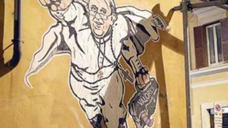 Aparece grafiti del papa como Superman en las calles de Roma
