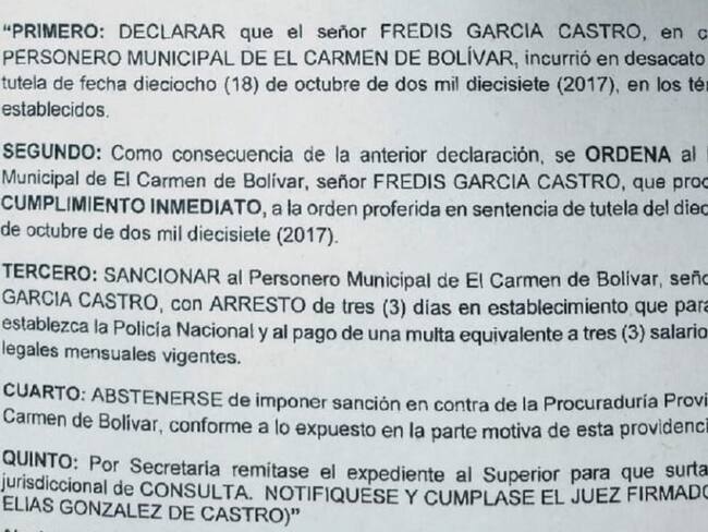 Ordenan 3 días de arresto contra Personero de El Carmen de Bolívar