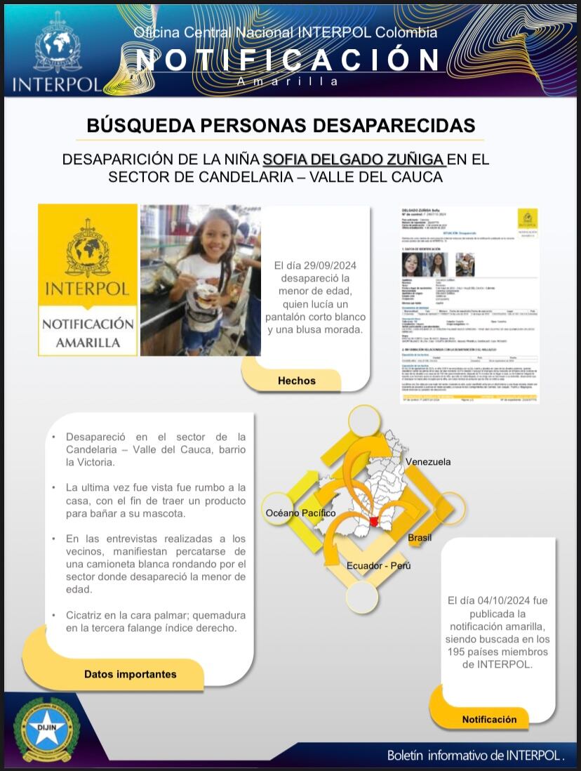 Interpol emite circular amarilla para la búsqueda de Sofía Delgado, desaparecida en Villagorgona, Candelaria - Policía Cali