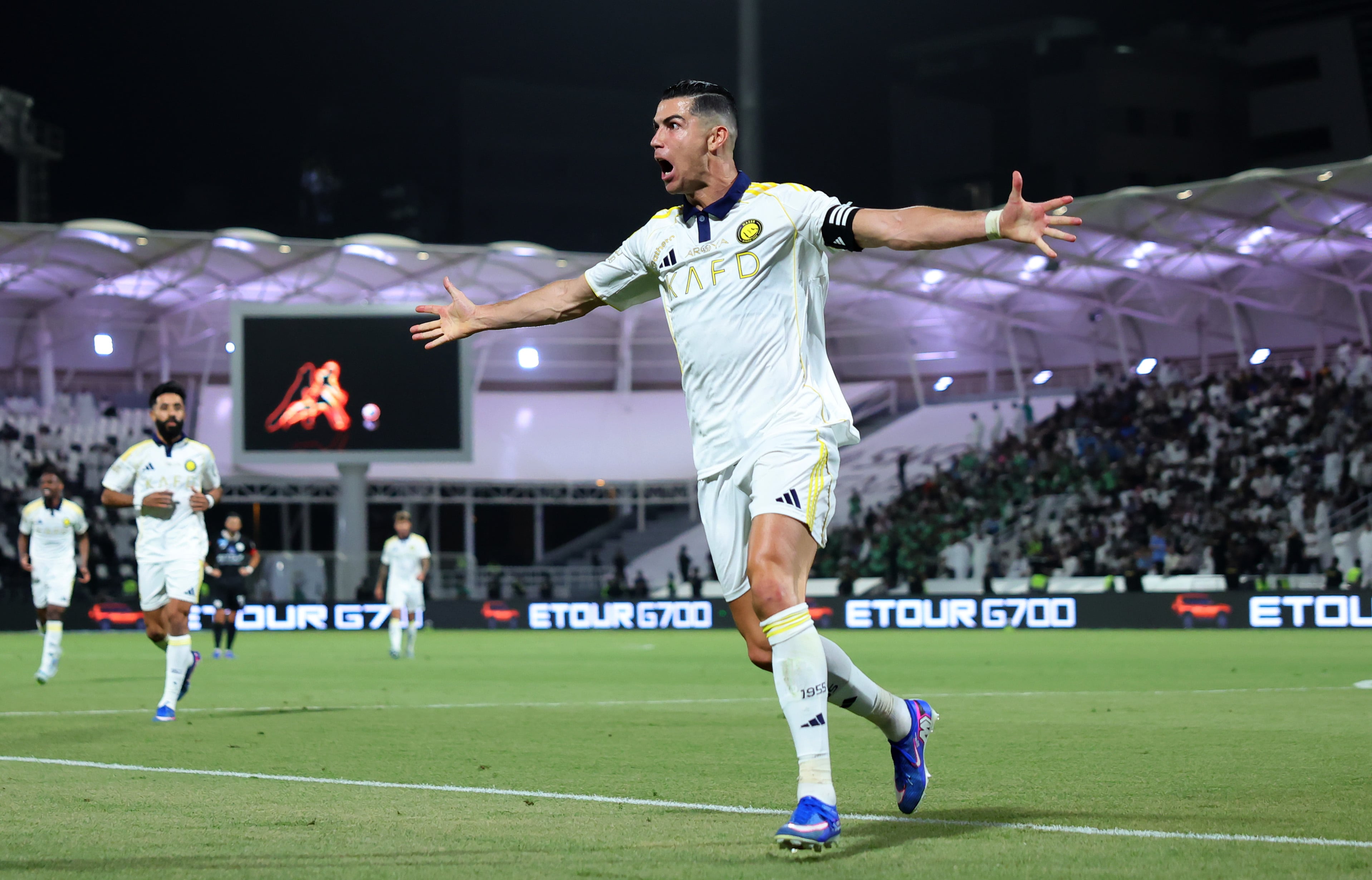 RIYADH, SAUDI ARABIA - MAY 07: Cristiano Ronaldo of Al Nassr celebrates scoring his team's third goal during the Saudi Pro League match between Al Shabab and Al Nassr at SHG Arena on May 07, 2026 in Riyadh, Saudi Arabia. (Photo by Abdullah Ahmed/Getty Images)
