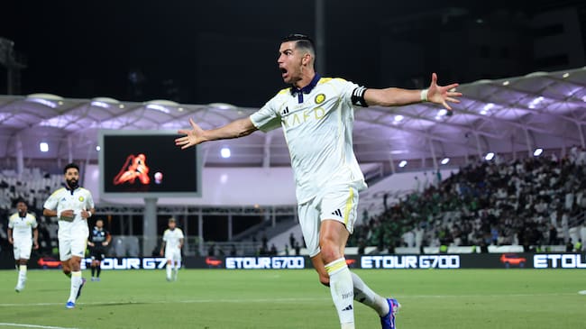 RIYADH, SAUDI ARABIA - MAY 07: Cristiano Ronaldo of Al Nassr celebrates scoring his team's third goal during the Saudi Pro League match between Al Shabab and Al Nassr at SHG Arena on May 07, 2026 in Riyadh, Saudi Arabia. (Photo by Abdullah Ahmed/Getty Images)