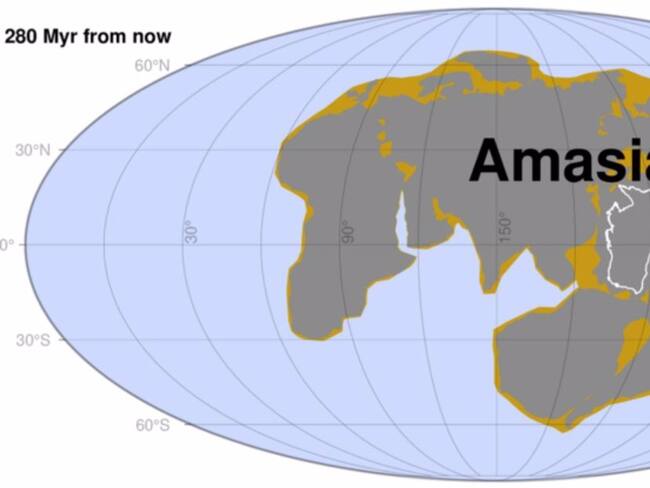 Posible configuración de Amasia en 280 millones de años. Foto: Universidad de Curtin / Europa Press