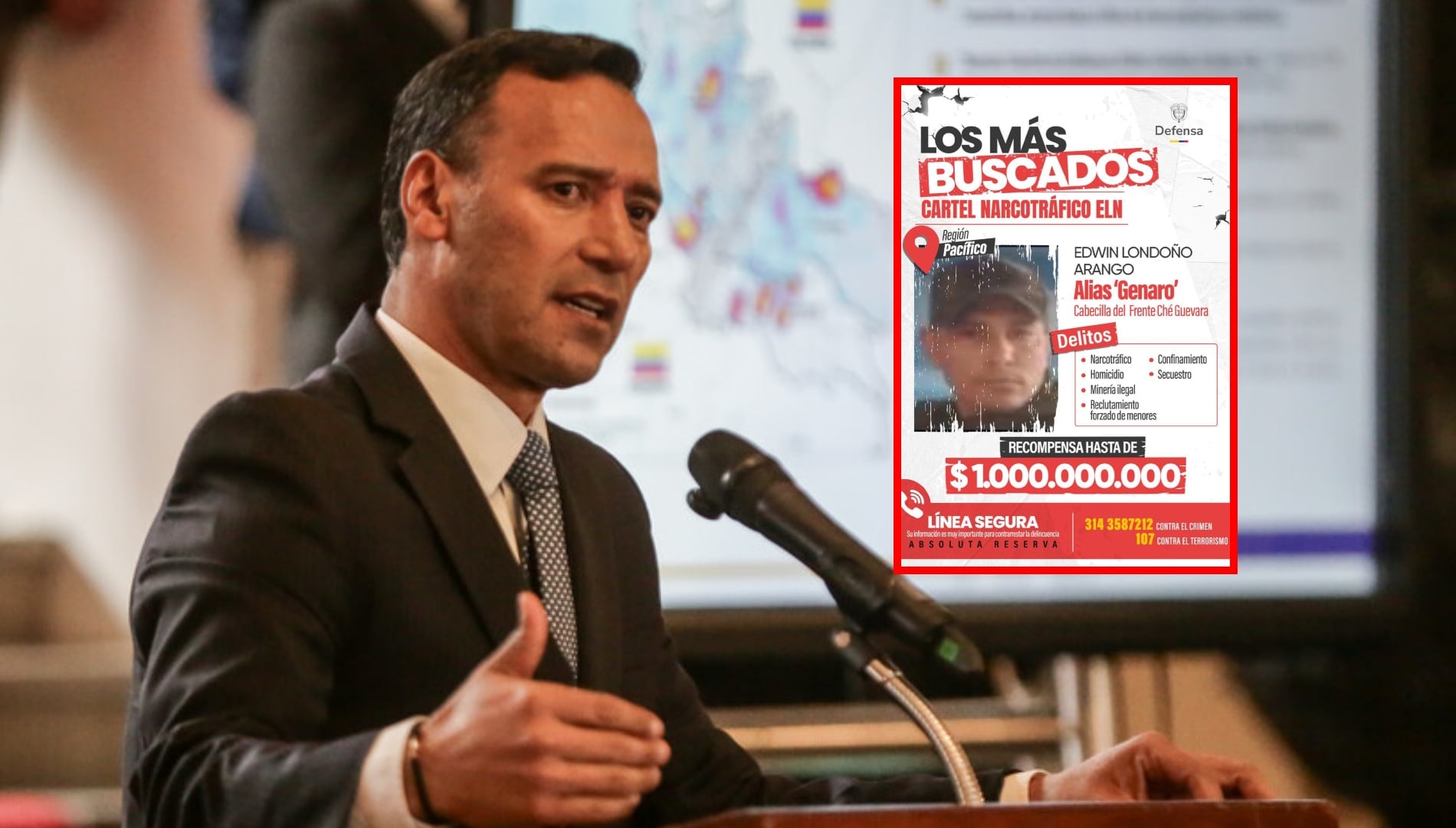 Ministro Pedro Sánchez y cartel de búsqueda de alias 'Genaro'. Fotos: (Colprensa – Catalina Olaya) / Suministrada