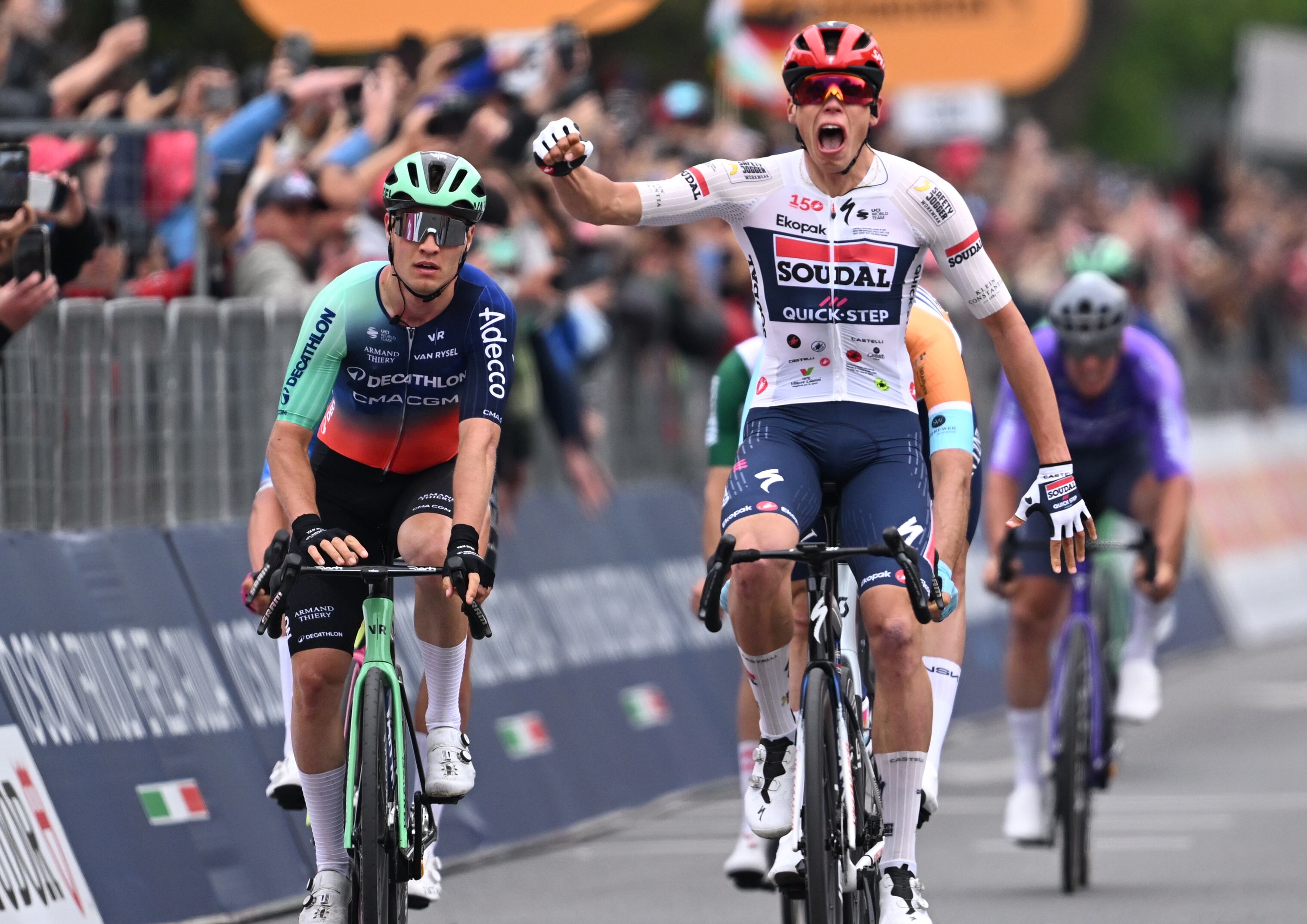 BURGAS, BULGARIA - MAY 08: Tobias Lund Andresen of Denmark and Team Decathlon CMA CGM crosses the finish line as second place winner during the 109th Giro d'Italia 2026, Stage 1 a 147km stage from Nessebar to Burgas / #UCIWT / on May 08, 2026 in Burgas, Bulgaria. (Photo by Tim de Waele/Getty Images)