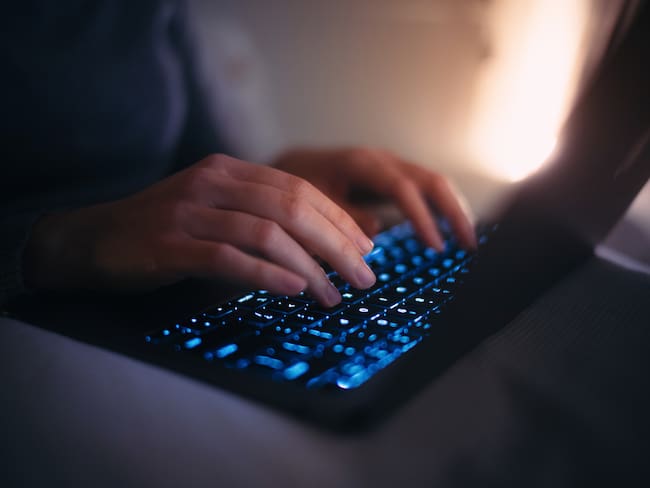 Close up hands of female using laptop in bed at night. Woman&#039;s hand typing on keyboard, working late, device screen light illuminated on her. Lifestyle and technology