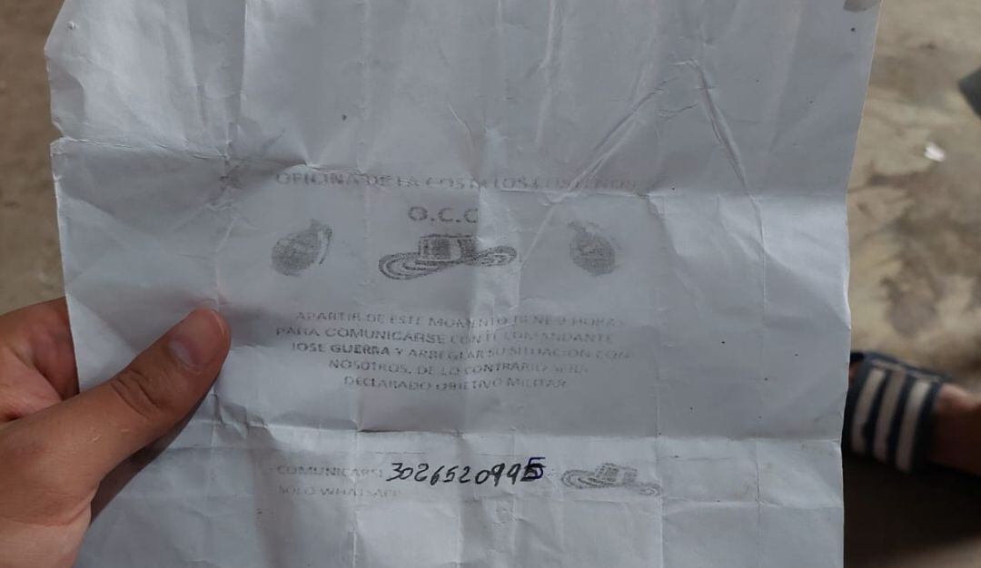 Panfleto que recibió el tendero