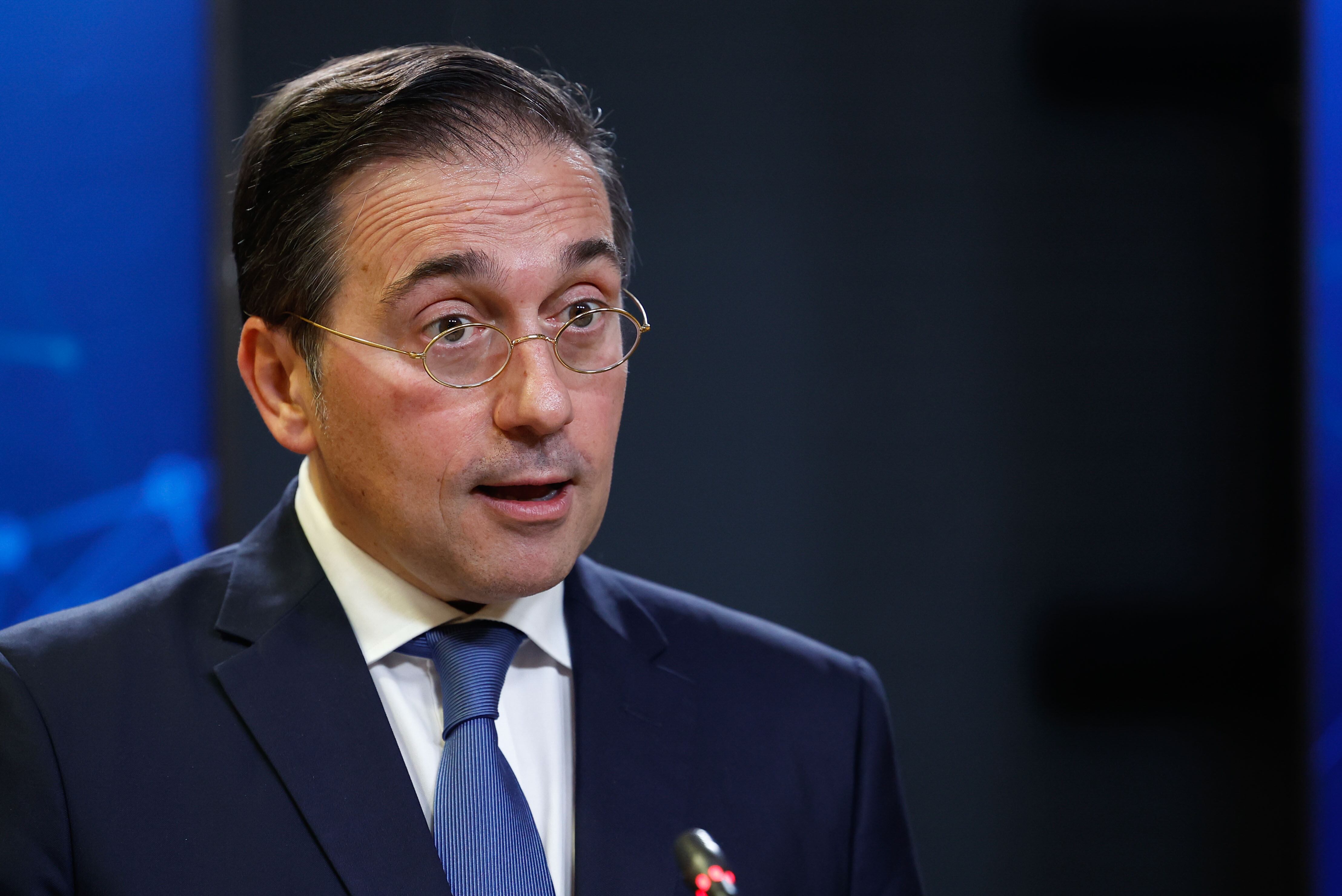 MADRID, 17/02/2025.- El ministro de Asuntos Exteriores, Unión Europea y Cooperación, José Manuel Albares, durante la rueda de prensa posterior a su reunión con el ministro de Relaciones Exteriores de la República Federativa de Brasil, Mauro Vieira, este lunes en el Palacio de Viana. EFE/ Chema Moya