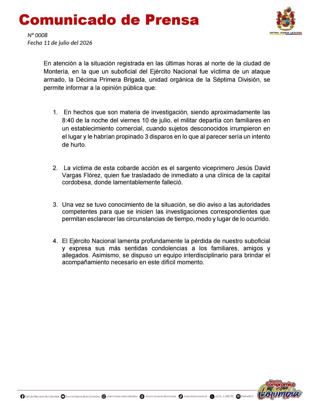 Comunicado del Ejército.