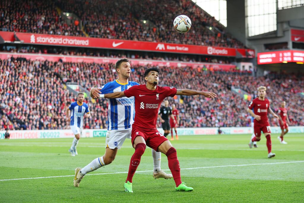 Luis Diaz de Liverpool y Joel Veltman de Brighton & Hove Albion / (Foto por Clive Brunskill/Getty Images)