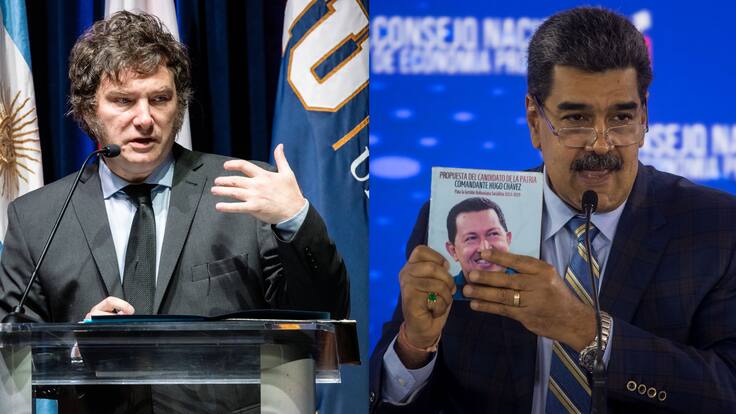 AME3677. BOGOTÁ (COLOMBIA), 05/05/2024.- Combo de dos fotografías de archivo de los presidentes de Argentina, Javier Milei (i), y de Venezuela, Nicolás Maduro. Milei dijo que no tiene nada de que hablar con el mandatario de Venezuela, Nicolás Maduro, porque lo considera un &quot;dictador&quot; que está intentando hacer &quot;suya&quot; la elección presidencial del próximo 28 de julio. EFE/ Cristóbal Herrera-Ulashkevich / Miguel Gutiérrez
