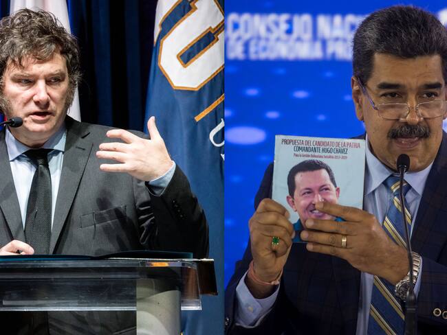 AME3677. BOGOTÁ (COLOMBIA), 05/05/2024.- Combo de dos fotografías de archivo de los presidentes de Argentina, Javier Milei (i), y de Venezuela, Nicolás Maduro. Milei dijo que no tiene nada de que hablar con el mandatario de Venezuela, Nicolás Maduro, porque lo considera un &quot;dictador&quot; que está intentando hacer &quot;suya&quot; la elección presidencial del próximo 28 de julio. EFE/ Cristóbal Herrera-Ulashkevich / Miguel Gutiérrez