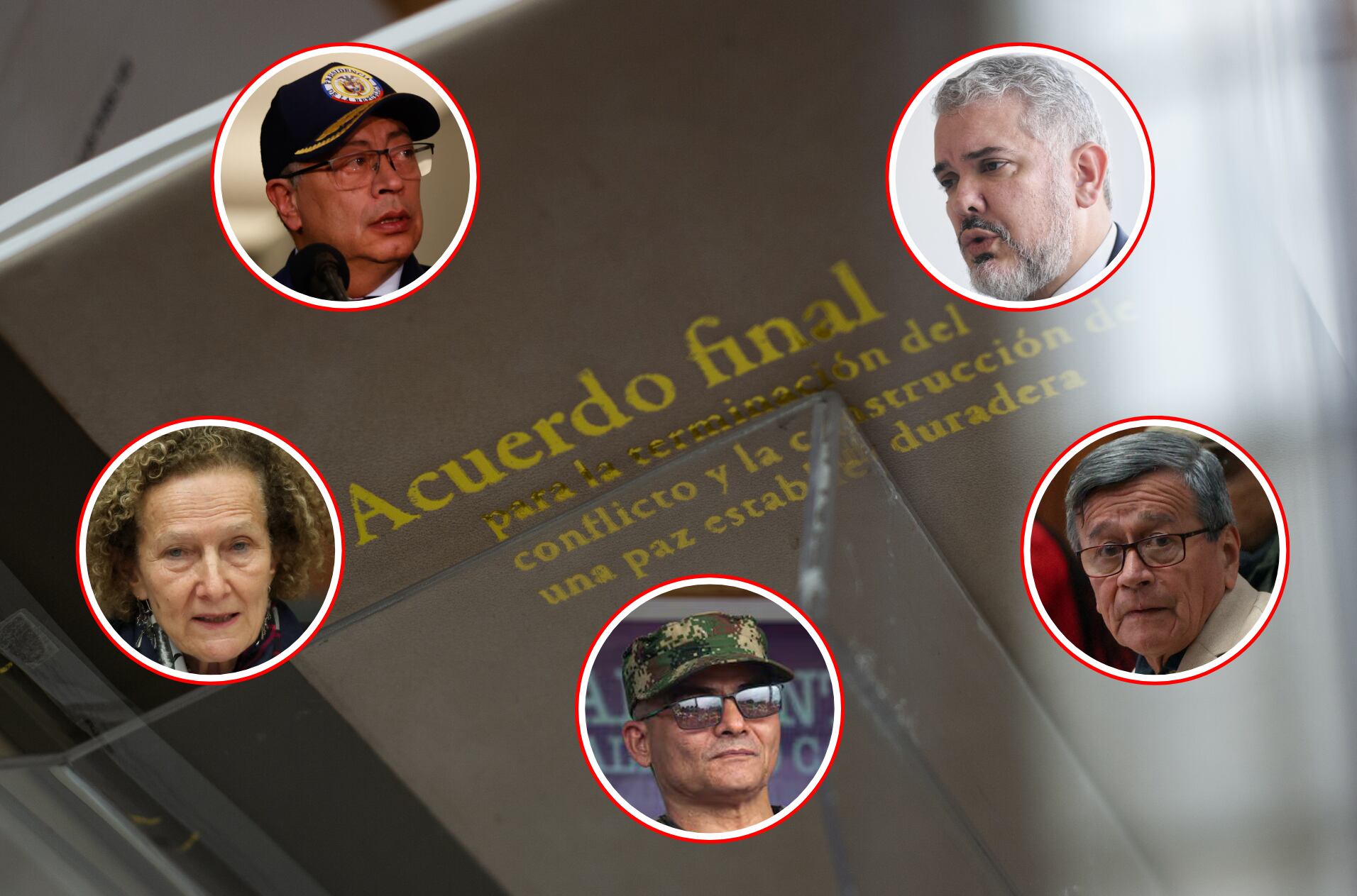 Último balance del Instituto Kroc sobre la situación del Acuerdo de Paz en Colombia.
En los círculos el presidente Gustavo Petro (superior izquierdo), el expresidente Iván Duque (superior derecho), la jefa negociadora del gobierno con el ELN Vera Grabe (círculo centro izquierdo), el jefe del ELN Pablo Beltrán (círculo centro derecho) y en el círculo inferior, Néstor Gregorio Vera Fernández, alias ‘Iván Mordisco’, comandante del Estado Mayor Central de las Farc. 

(Foto: Caracol Radio / Getty Images)