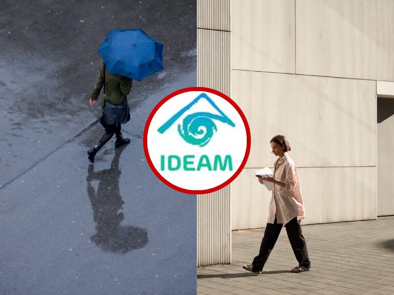 Persona caminando en la lluvia // Persona caminando en el sol // Getty Images // Logo del IDEAM