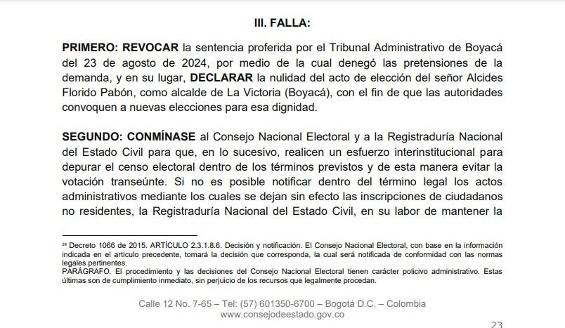 El Consejo de Estado anuló la elección del alcalde de La Victoria, Boyacá, por trashumancia electoral, ordenando elecciones atípicas y señalando fallas en la depuración del censo electoral.