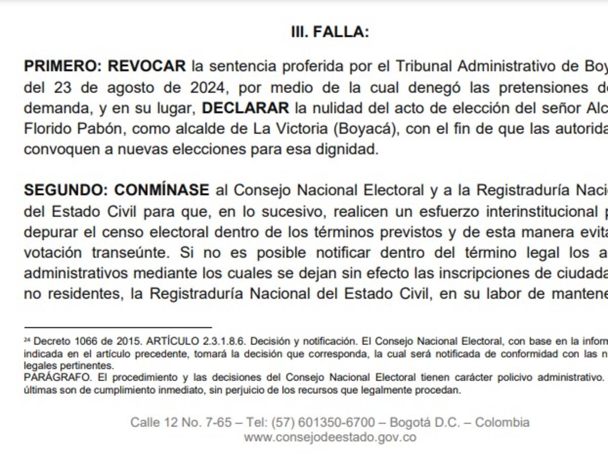 Consejo de Estado anula la elección del alcalde de La Victoria por trashumancia electoral