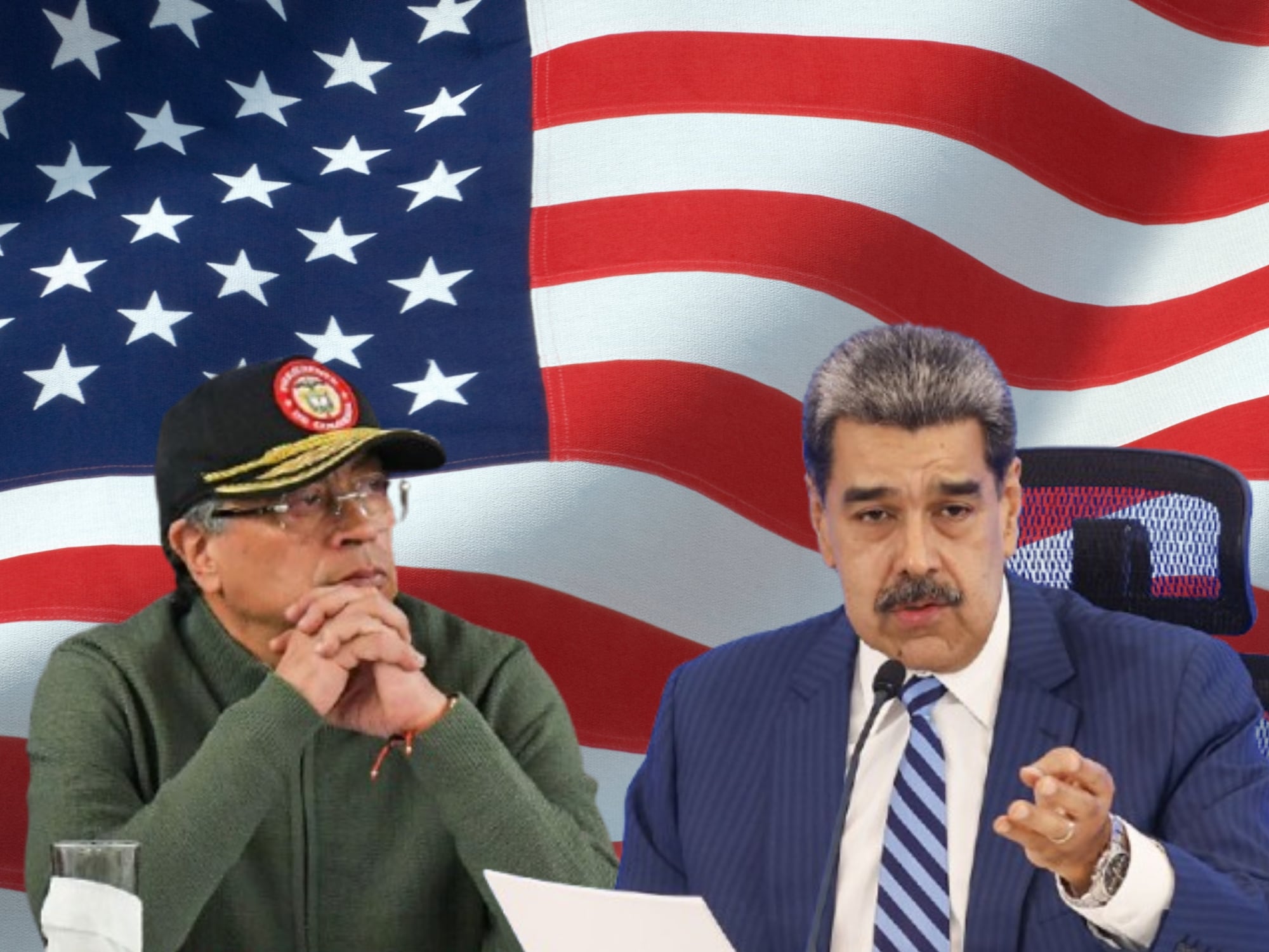 Bandera de Estados Unidos, Gustavo Petro y Nicolás Maduro. Fotos: Getty Images / (Photo by: Camilo Erasso/Long Visual Press/Universal Images Group via Getty Images) / (Photo by Pedro Mattey/Anadolu via Getty Images)