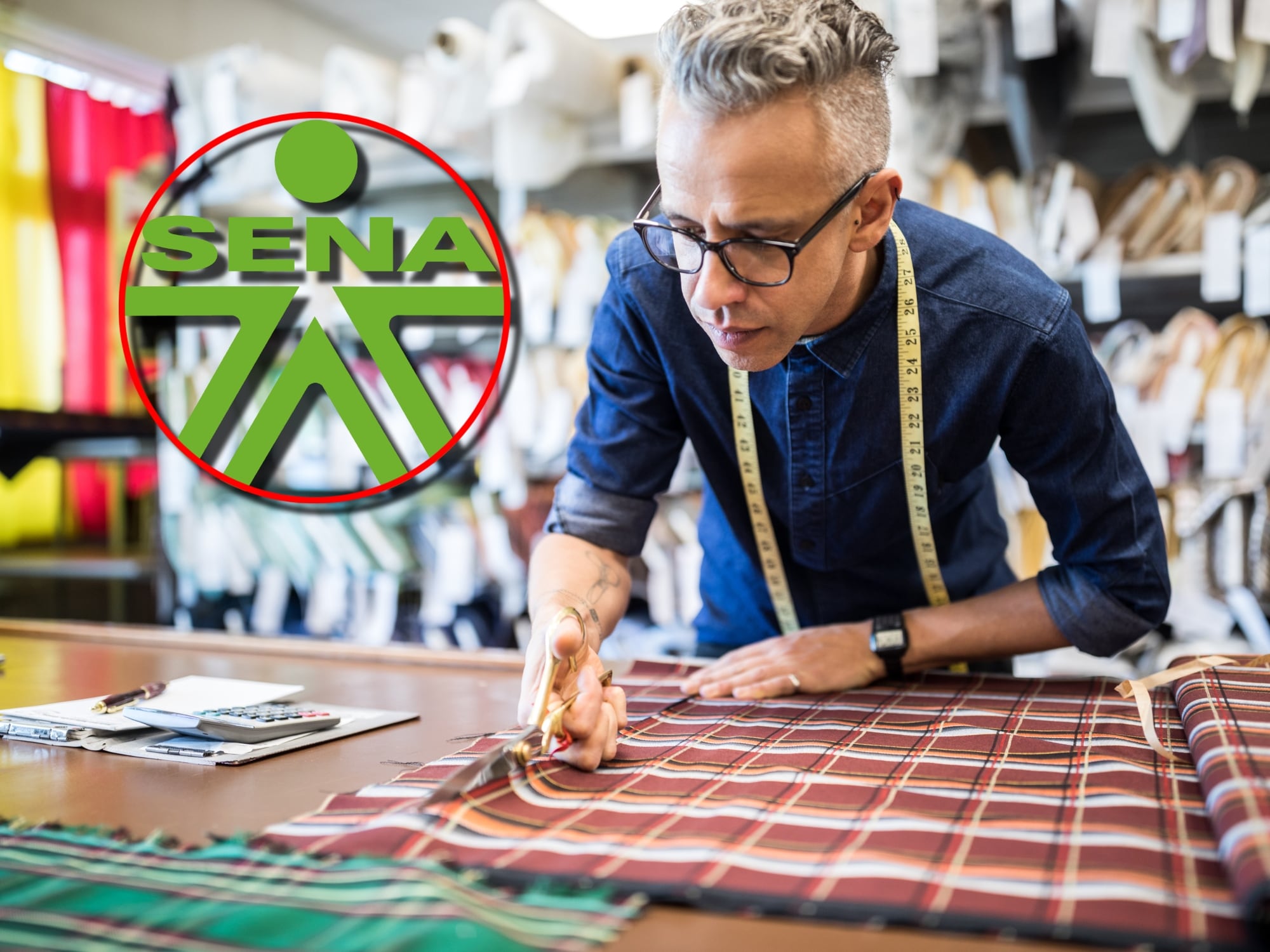 Hombre confeccionando y logo del SENA. Fotos: Getty Images y suministrada.