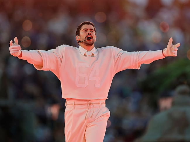 SANTA CLARA, CA - FEBRUARY 08: Bad Bunny performs the halftime show during the Seattle Seahawks versus the New England Patriots Super Bowl LX game on February 8, 2026, at Levi's Stadium in Santa Clara, CA. (Photo by Bob Kupbens/Icon Sportswire via Getty Images)