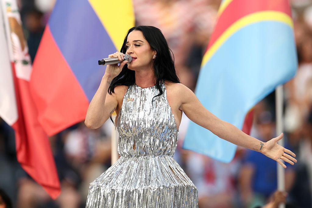 INGLEWOOD, CALIFORNIA - JUNE 12: Katy Perry performs during the Parade of Nations before the FIFA World Cup 2026 Group D match between USA and Paraguay at Los Angeles Stadium on June 12, 2026 in Inglewood, California. (Photo by Jared C. Tilton - FIFA/FIFA via Getty Images)