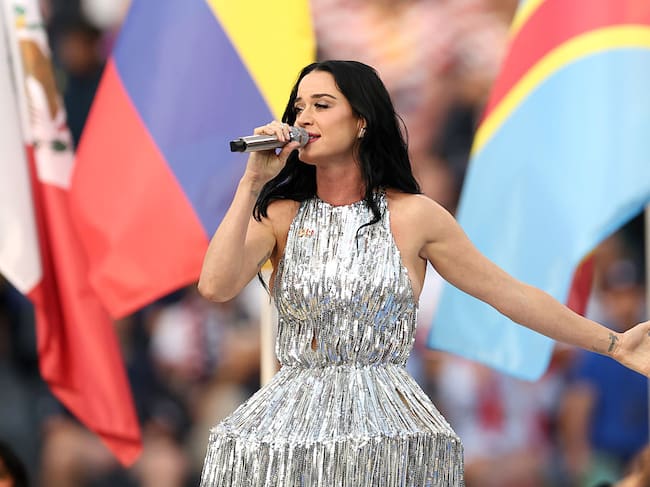 INGLEWOOD, CALIFORNIA - JUNE 12: Katy Perry performs during the Parade of Nations before the FIFA World Cup 2026 Group D match between USA and Paraguay at Los Angeles Stadium on June 12, 2026 in Inglewood, California. (Photo by Jared C. Tilton - FIFA/FIFA via Getty Images)