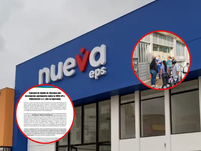 Fotos: Nueva EPS (archivo), petición de investigación (suministrada) y sede Marcazsalud en Chinchiná (Diario La Patria).
