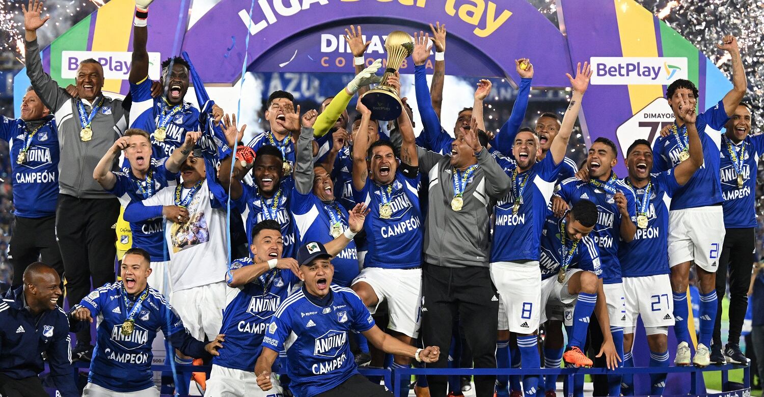 Millonarios celebra el título de la Liga Colombiana 2023-I (Photo by Raul ARBOLEDA / AFP)