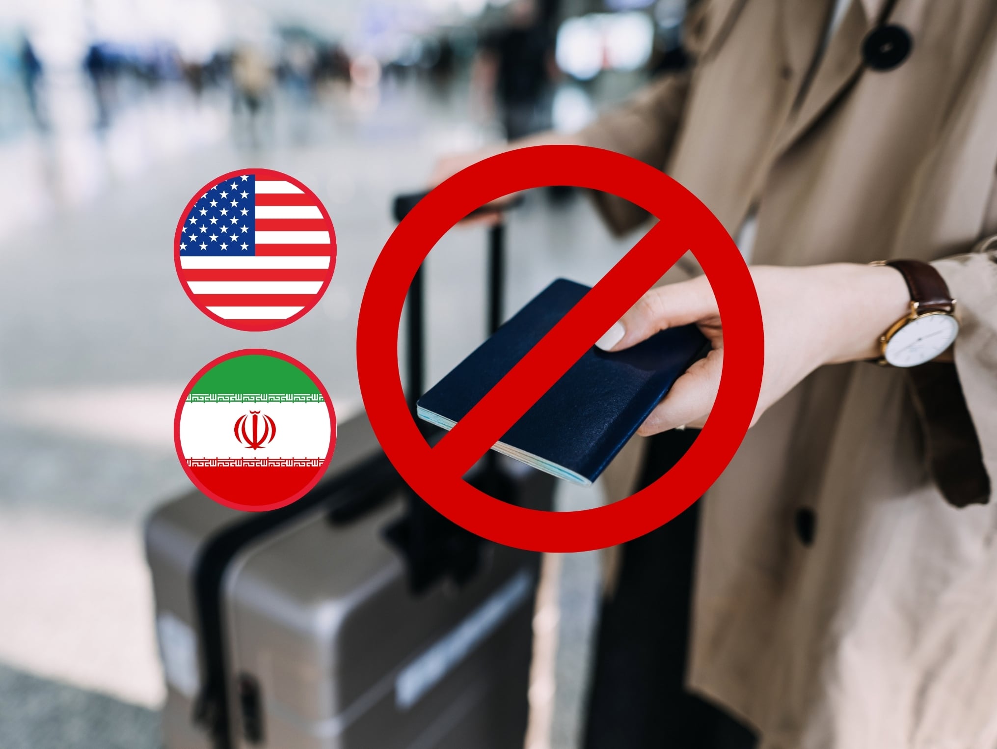De fondo: Imagen referencia de muestra de un pasaporte. A la izquierda se encuentran las banderas de Estados Unidos e Irán (Crédito: Getty Images)