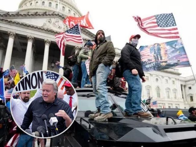 Bannon se dirige a la prensa y a sus seguidores antes de entrar a la cárcel federal. Foto: Getty Images/EFE/Caracol Radio.