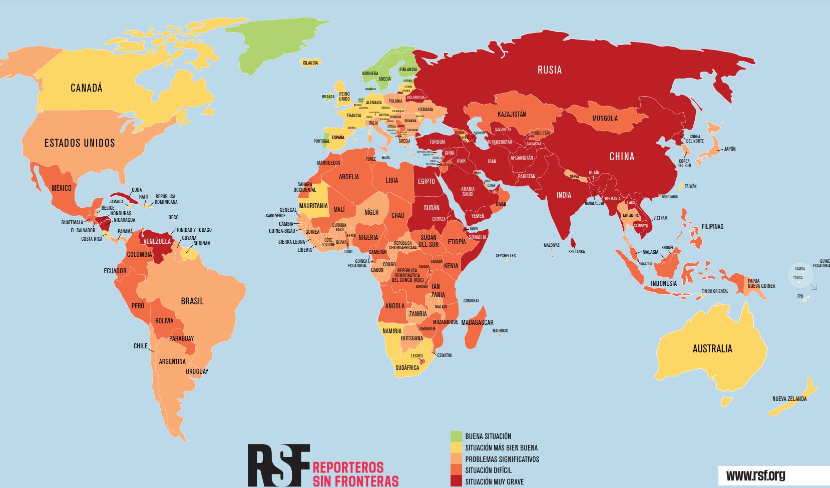 Ranking 2024 del trabajo de la prensa hecho por Reporteros Sin Fronteras.
(Foto: Cortesía Reporteros Sin Fronteras)